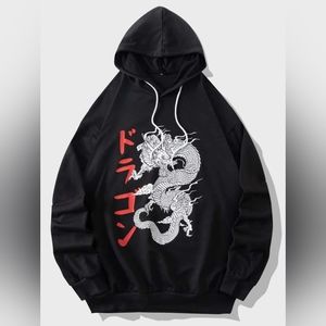 Men Japanese Letter & Chinese Dragon Graphic Drawstring Hoodie
